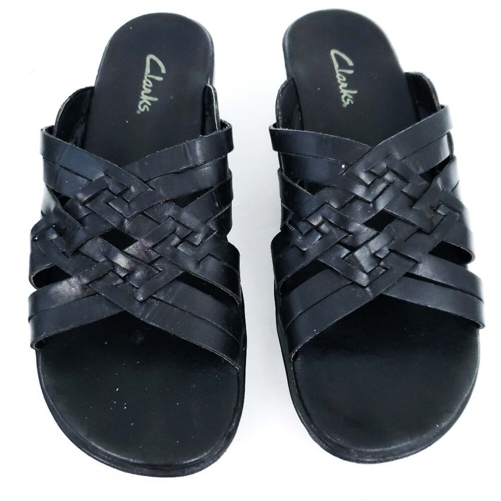 Clarks Sandals Black Slide on Leather Shoes 9M - Picture 2 of 7